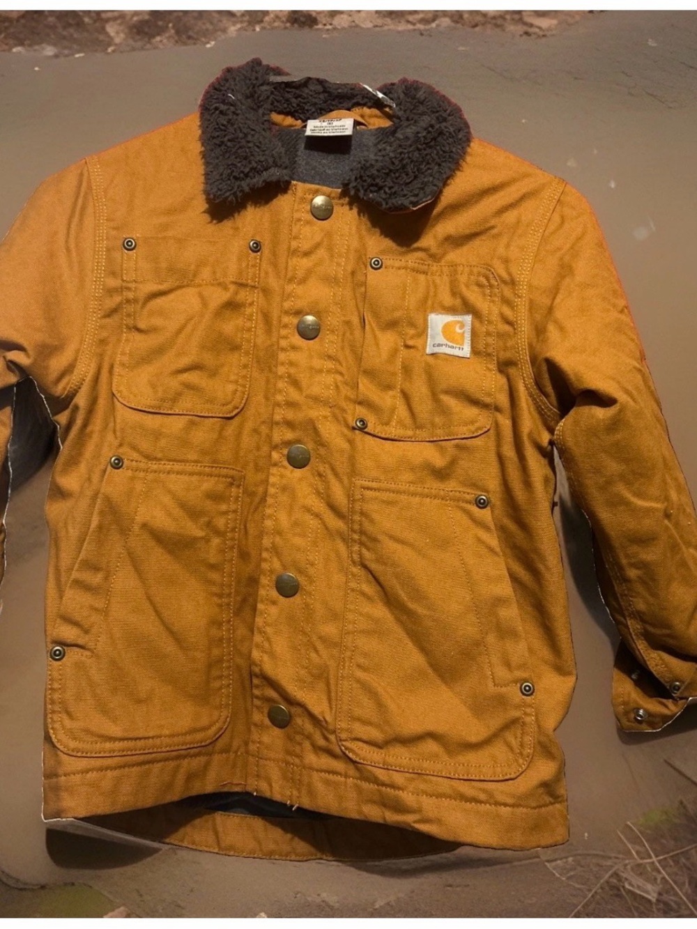 Carhartt Kids Tan Duck Jacket with Dark Sherpa Collar